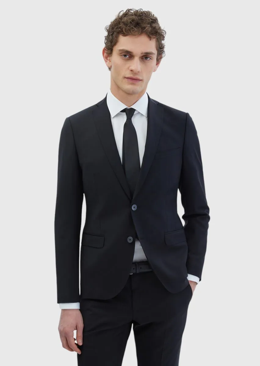 Siyah Düz Fashion Slim Fit Yün Karışımlı Takım Elbise - 1