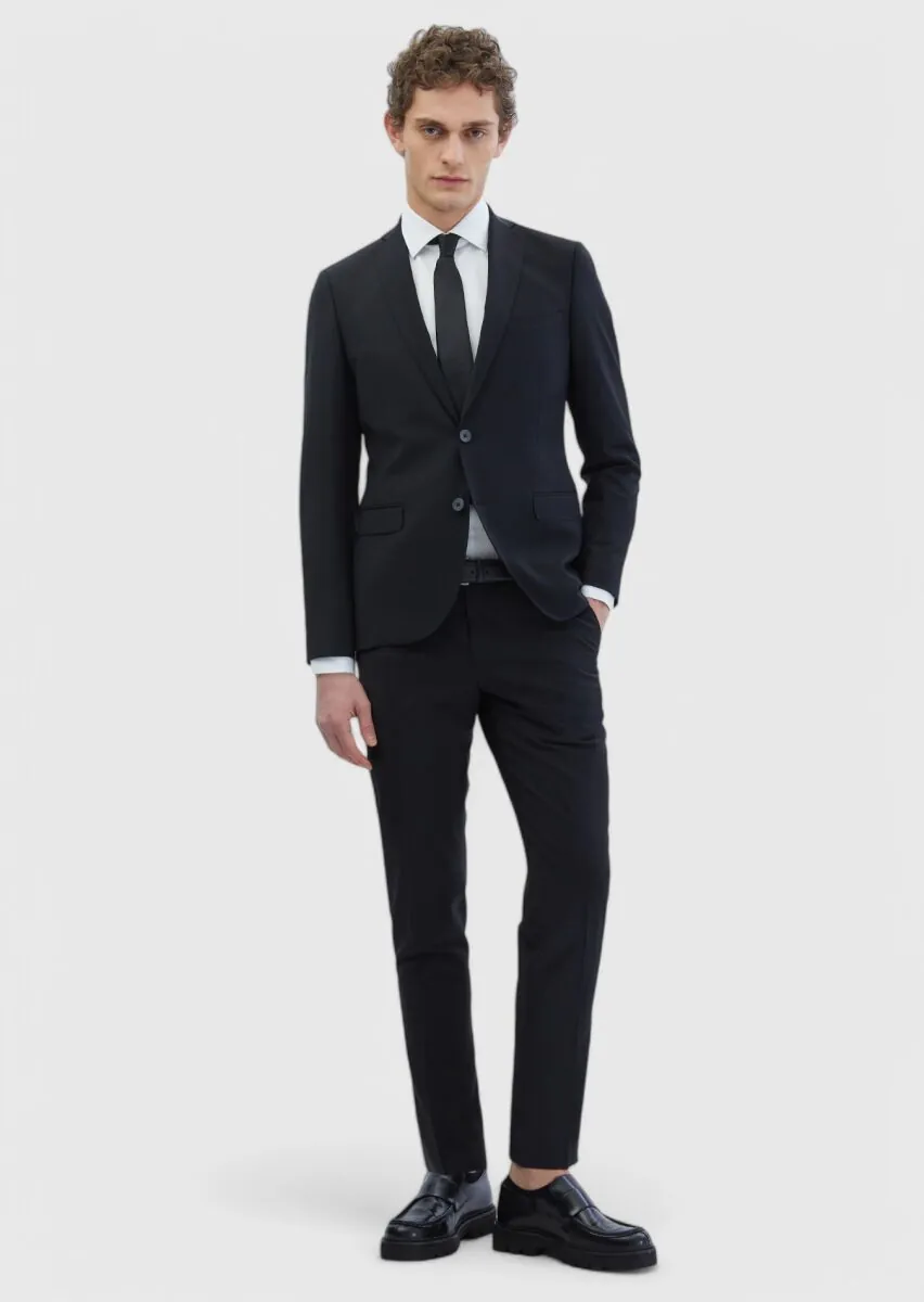 Siyah Düz Fashion Slim Fit Yün Karışımlı Takım Elbise - 2