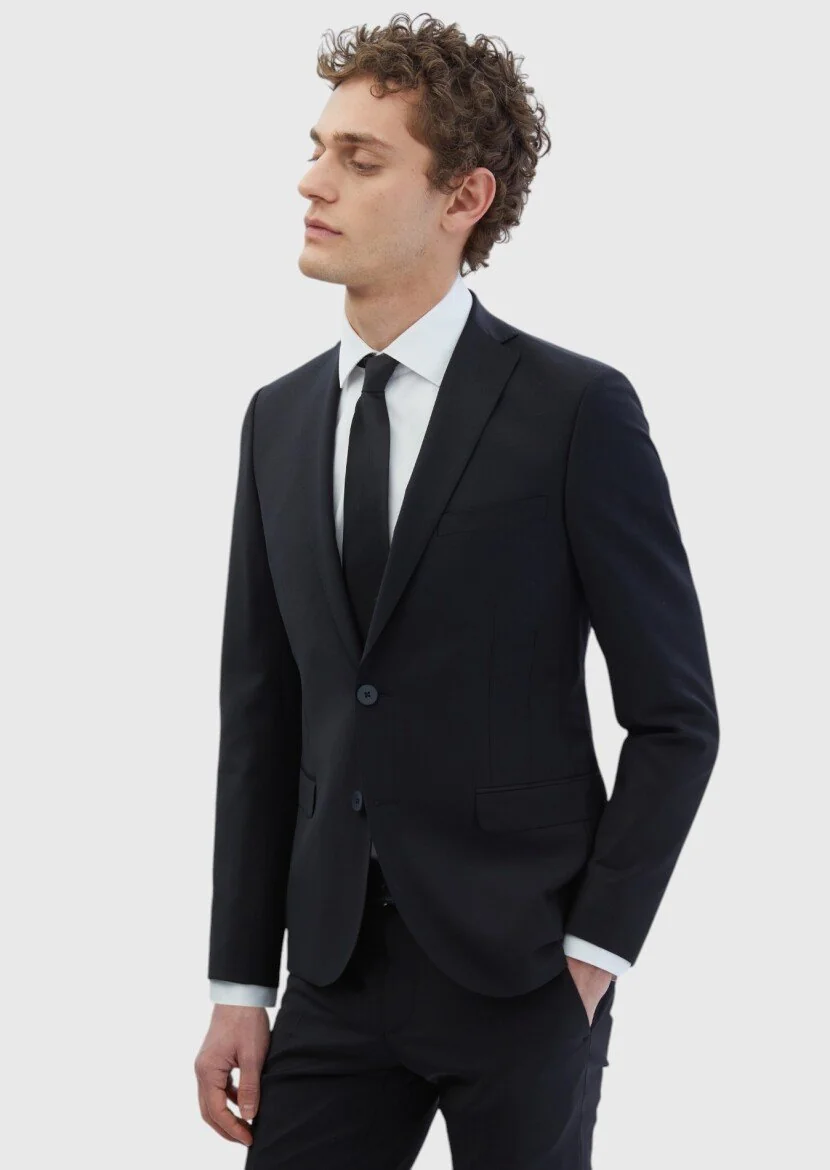Siyah Düz Fashion Slim Fit Yün Karışımlı Takım Elbise - 3