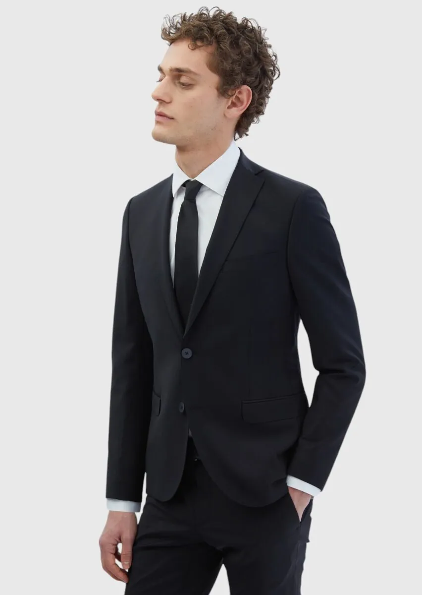 Siyah Düz Fashion Slim Fit Yün Karışımlı Takım Elbise - 3