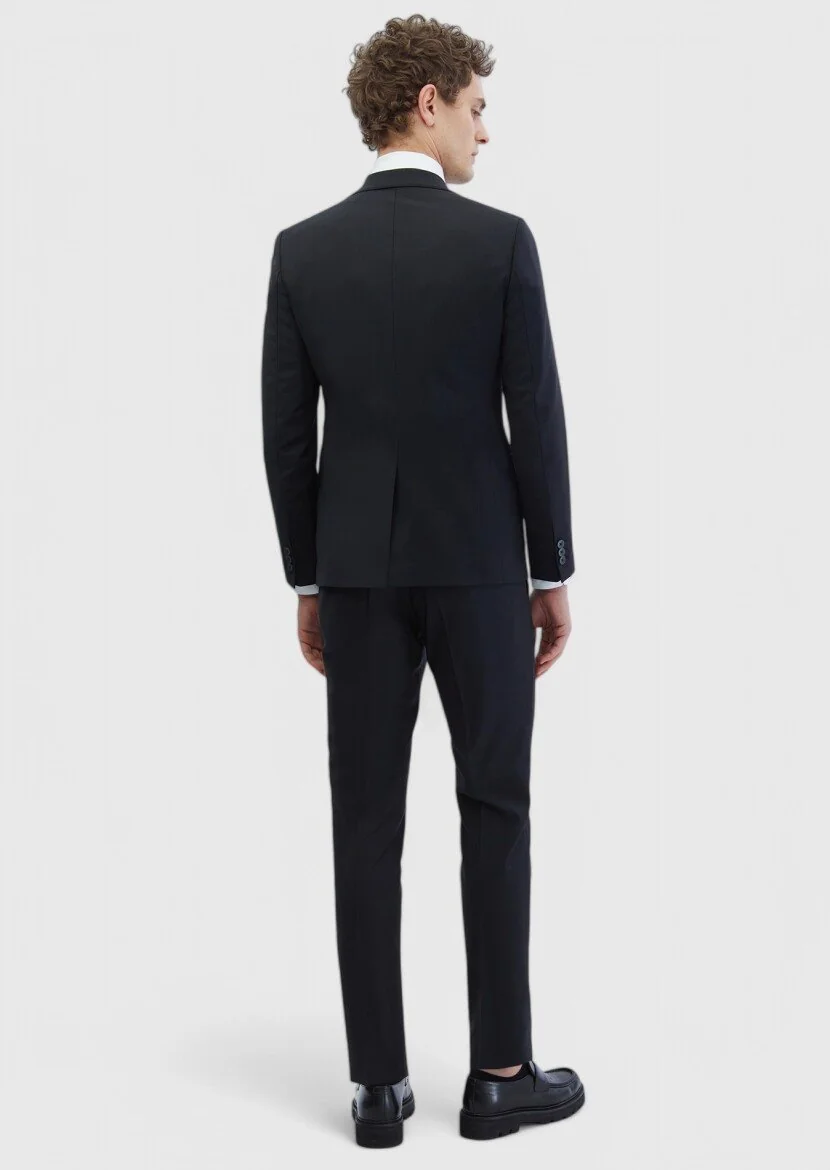 Siyah Düz Fashion Slim Fit Yün Karışımlı Takım Elbise - 5