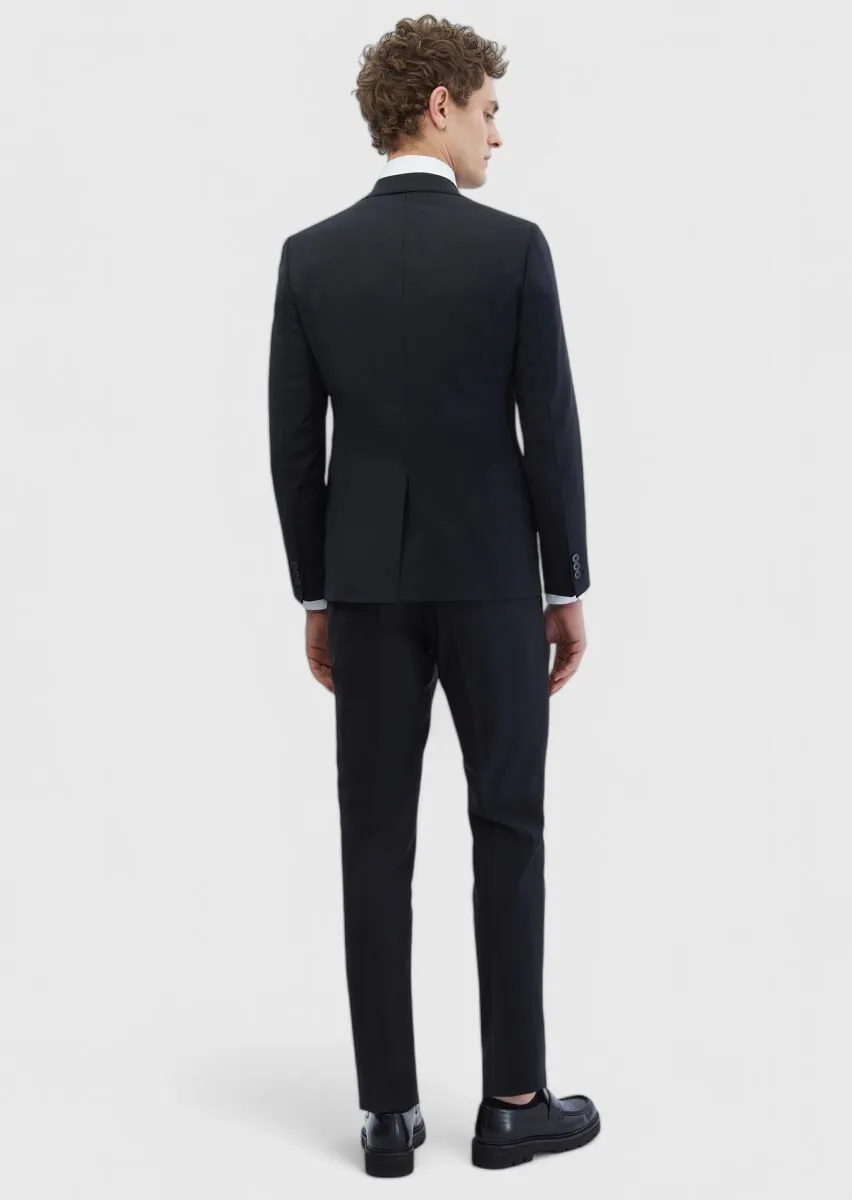 Siyah Düz Fashion Slim Fit Yün Karışımlı Takım Elbise - 5