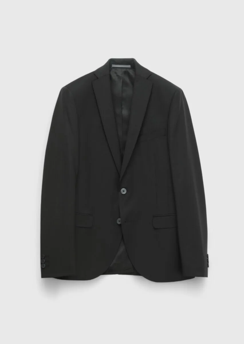 Siyah Düz Fashion Slim Fit Yün Karışımlı Takım Elbise - 6