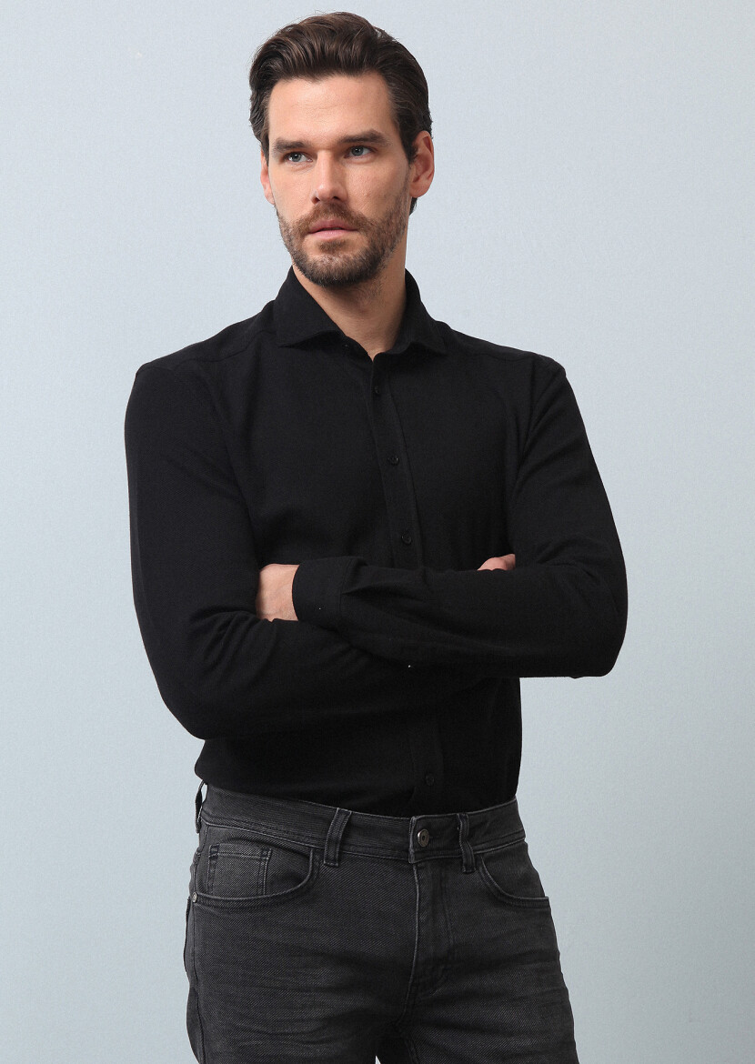 Siyah Düz Fitted Fit Uzun Casual %100 Pamuk Gömlek 