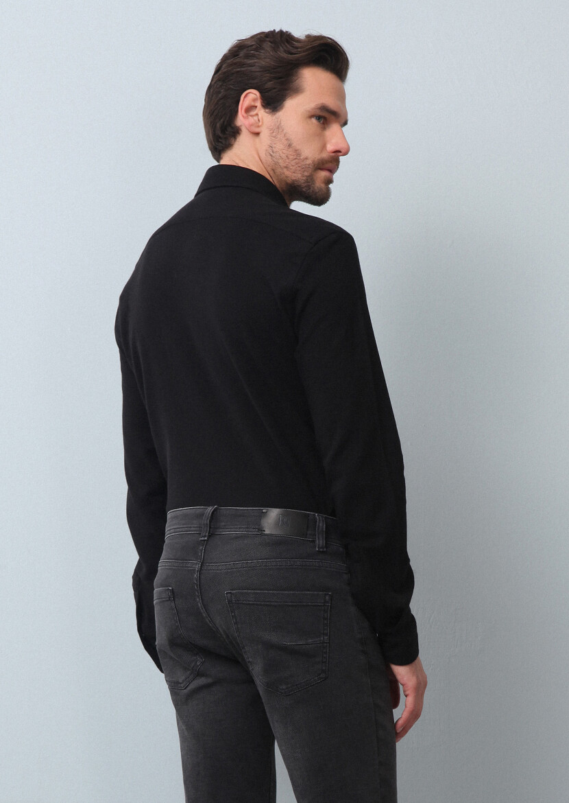 Siyah Düz Fitted Fit Uzun Casual %100 Pamuk Gömlek - 5