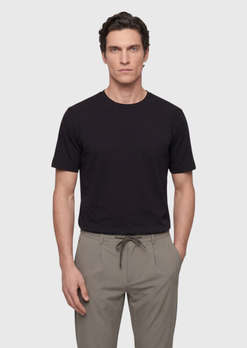 Siyah Düz İpek Karışımlı T-Shirt - 1