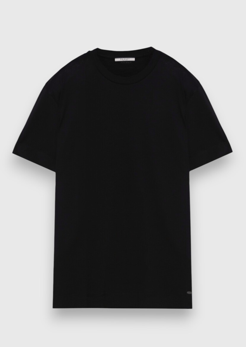 Siyah Düz İpek Karışımlı T-Shirt - 5