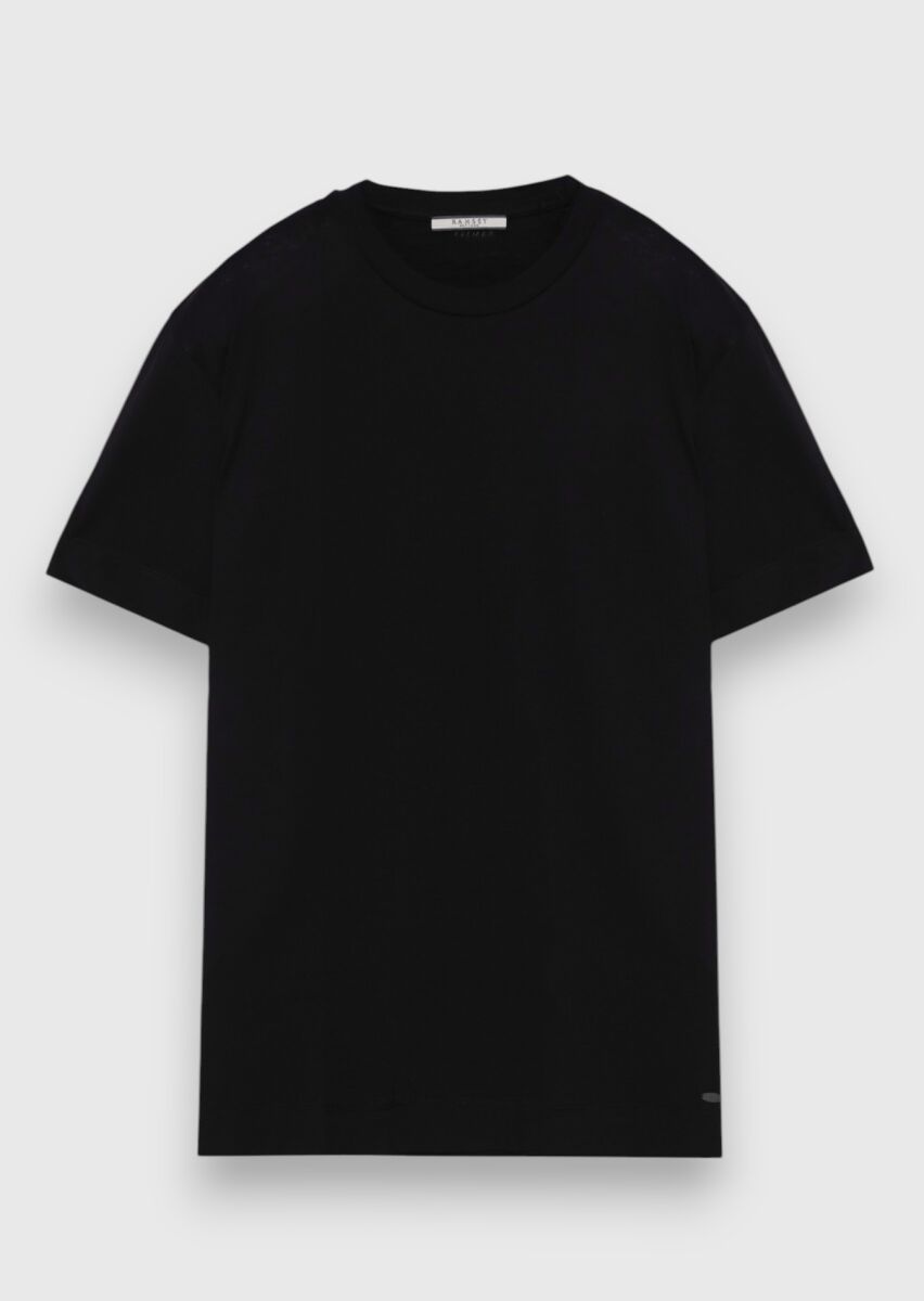 Siyah Düz İpek Karışımlı T-Shirt - 5