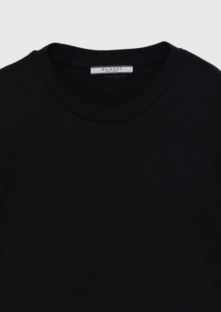 Siyah Düz İpek Karışımlı T-Shirt - 6