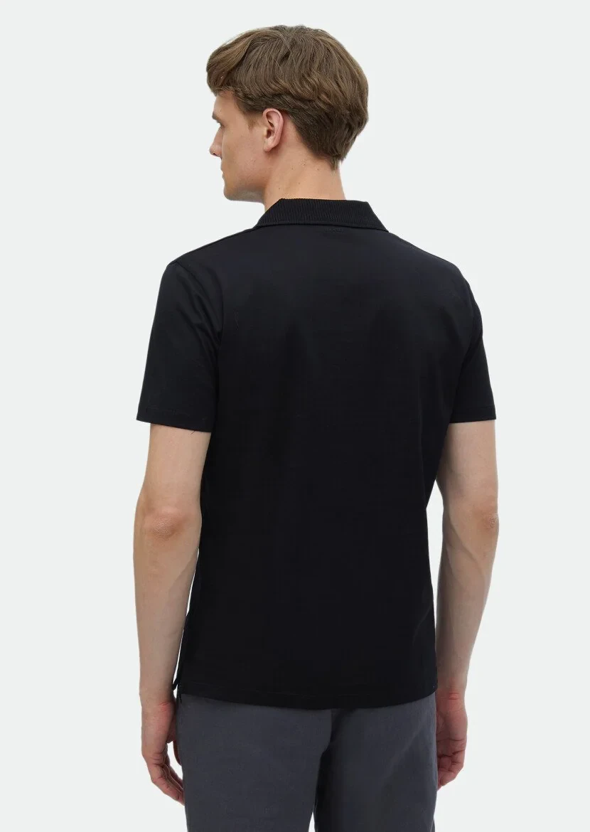 Siyah Düz Küba Yaka %100 Pamuk T-Shirt - 5