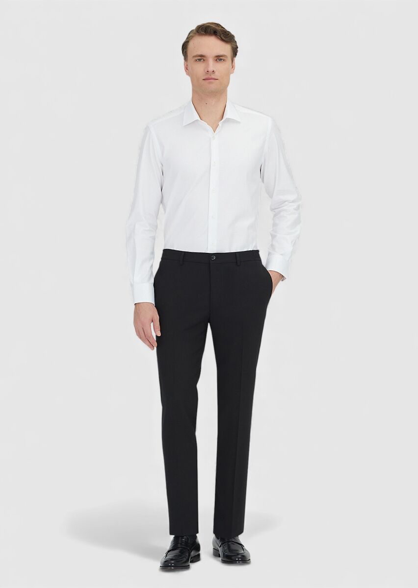Siyah Düz Kumaş Comfort Fit Klasik %100 Yün Pantolon - 1