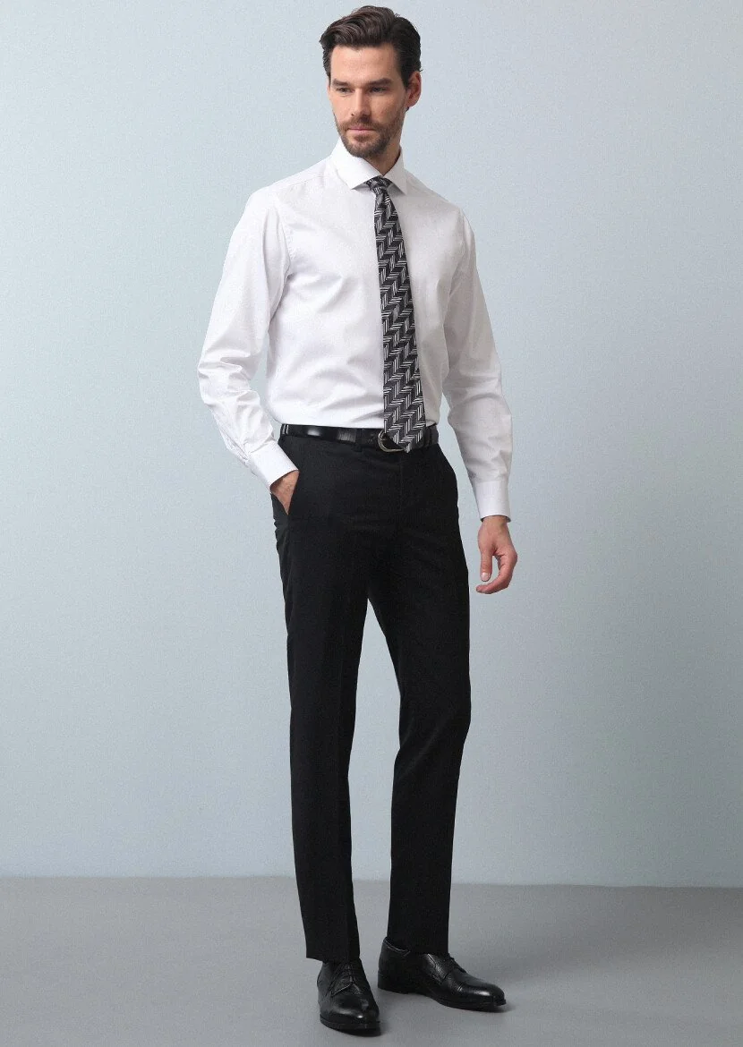 Siyah Düz Kumaş Modern Fit Klasik %100 Yün Pantolon - 4