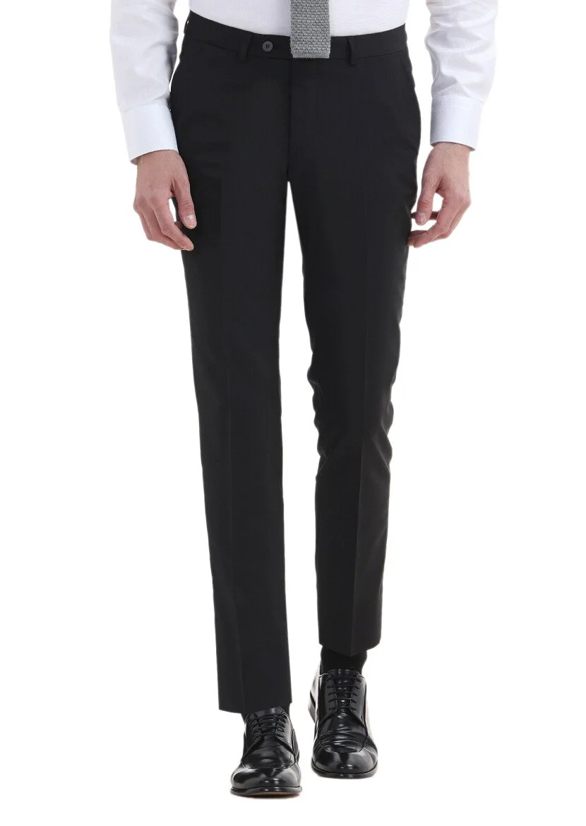 Siyah Düz Kumaş Modern Fit Klasik %100 Yün Pantolon 