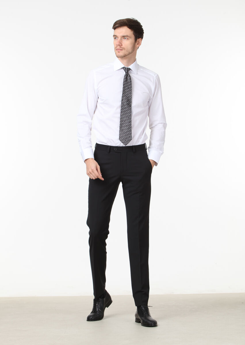 Siyah Düz Kumaş Modern Fit Klasik Yün Karışımlı Pantolon - 2