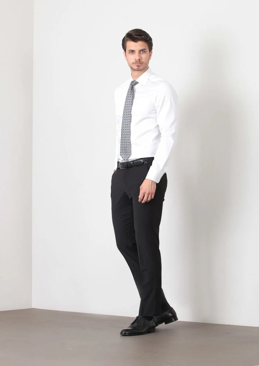 Siyah Düz Kumaş Modern Fit Klasik Yün Karışımlı Pantolon - 1