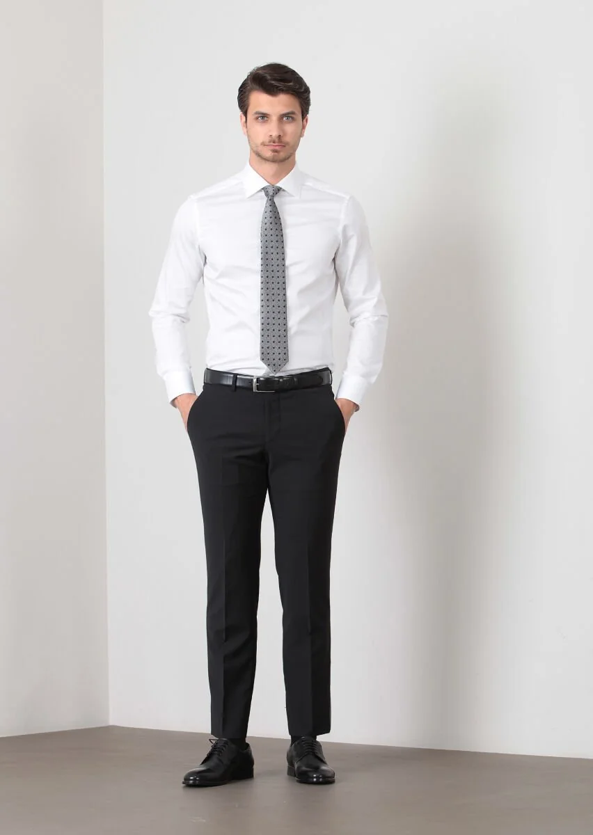 Siyah Düz Kumaş Modern Fit Klasik Yün Karışımlı Pantolon - 2