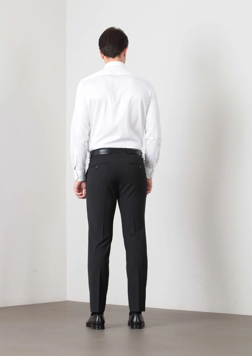 Siyah Düz Kumaş Modern Fit Klasik Yün Karışımlı Pantolon - 4