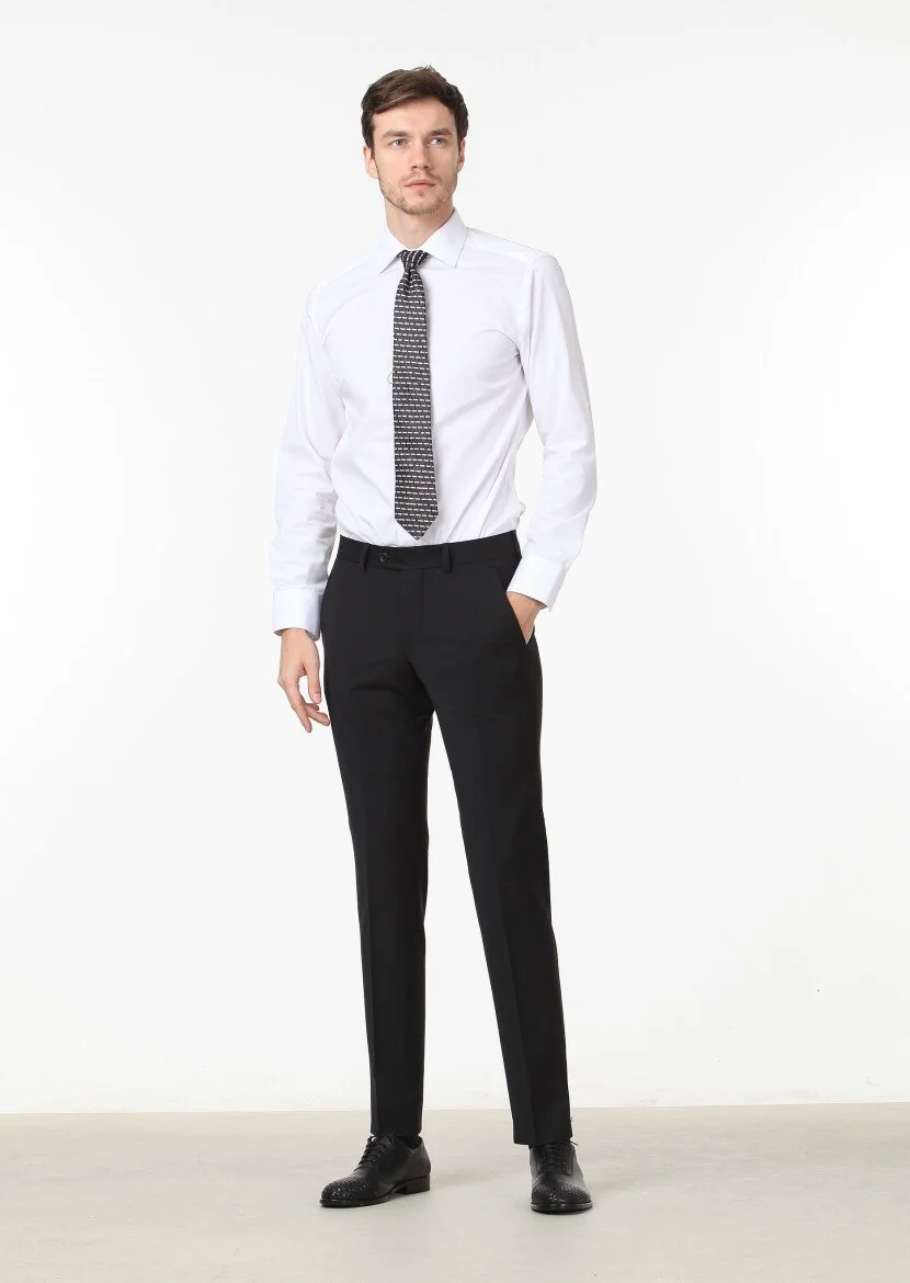 Siyah Düz Kumaş Modern Fit Klasik Yün Karışımlı Pantolon 