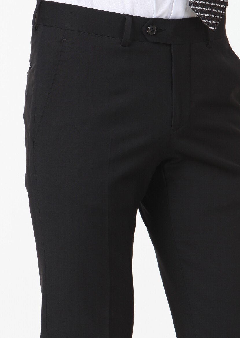 Siyah Düz Kumaş Modern Fit Klasik Yün Karışımlı Pantolon - 3