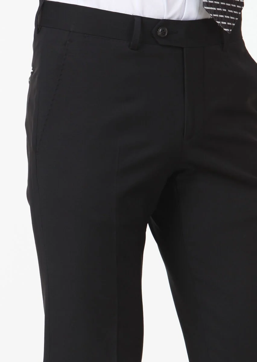 Siyah Düz Kumaş Modern Fit Klasik Yün Karışımlı Pantolon - 3