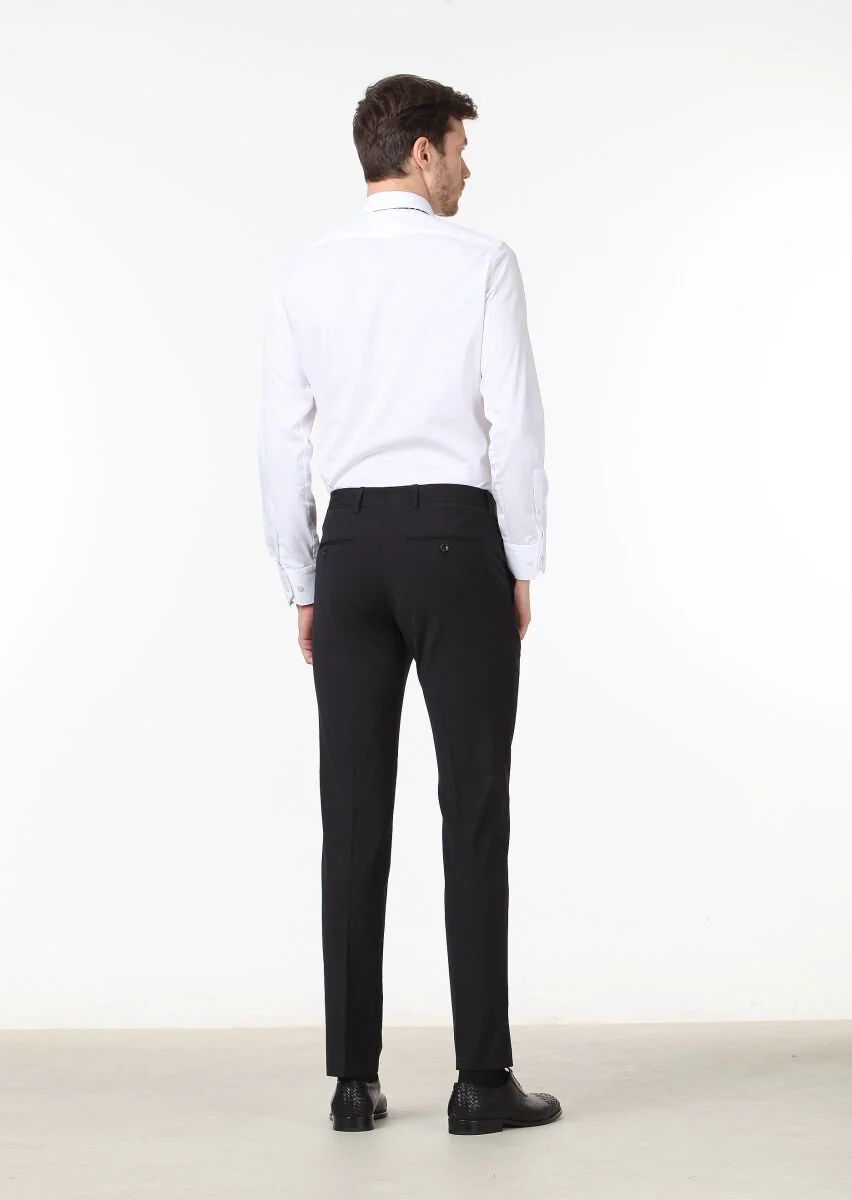 Siyah Düz Kumaş Modern Fit Klasik Yün Karışımlı Pantolon - 4