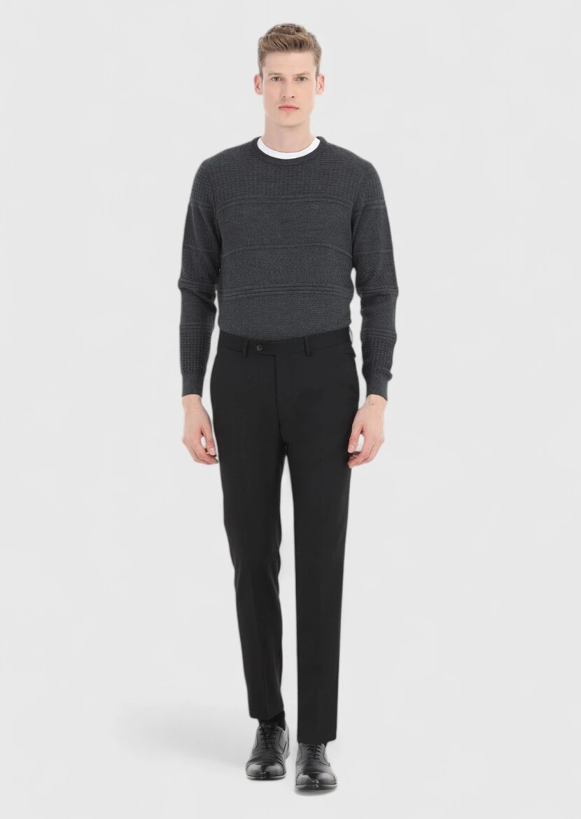 Siyah Düz Kumaş Modern Fit Klasik Yün Karışımlı Pantolon - 1