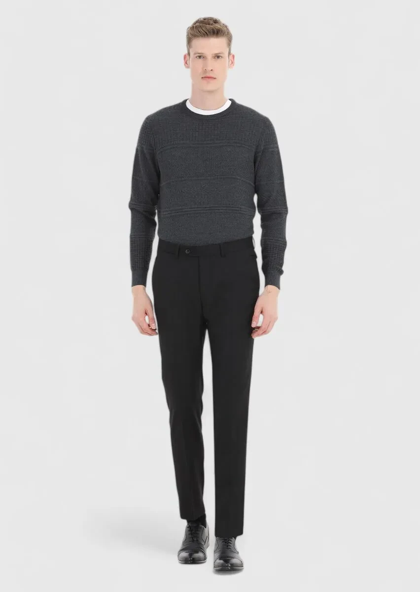 Siyah Düz Kumaş Modern Fit Klasik Yün Karışımlı Pantolon - 1