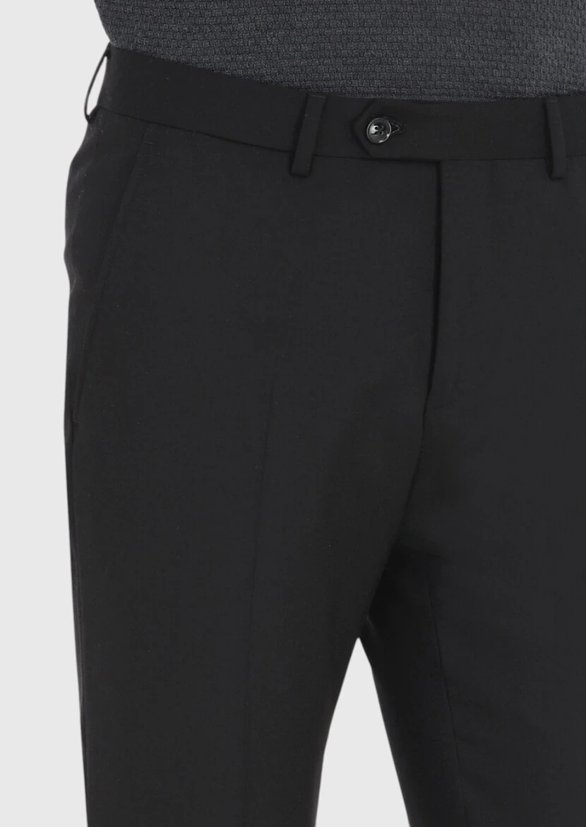 Siyah Düz Kumaş Modern Fit Klasik Yün Karışımlı Pantolon - 3