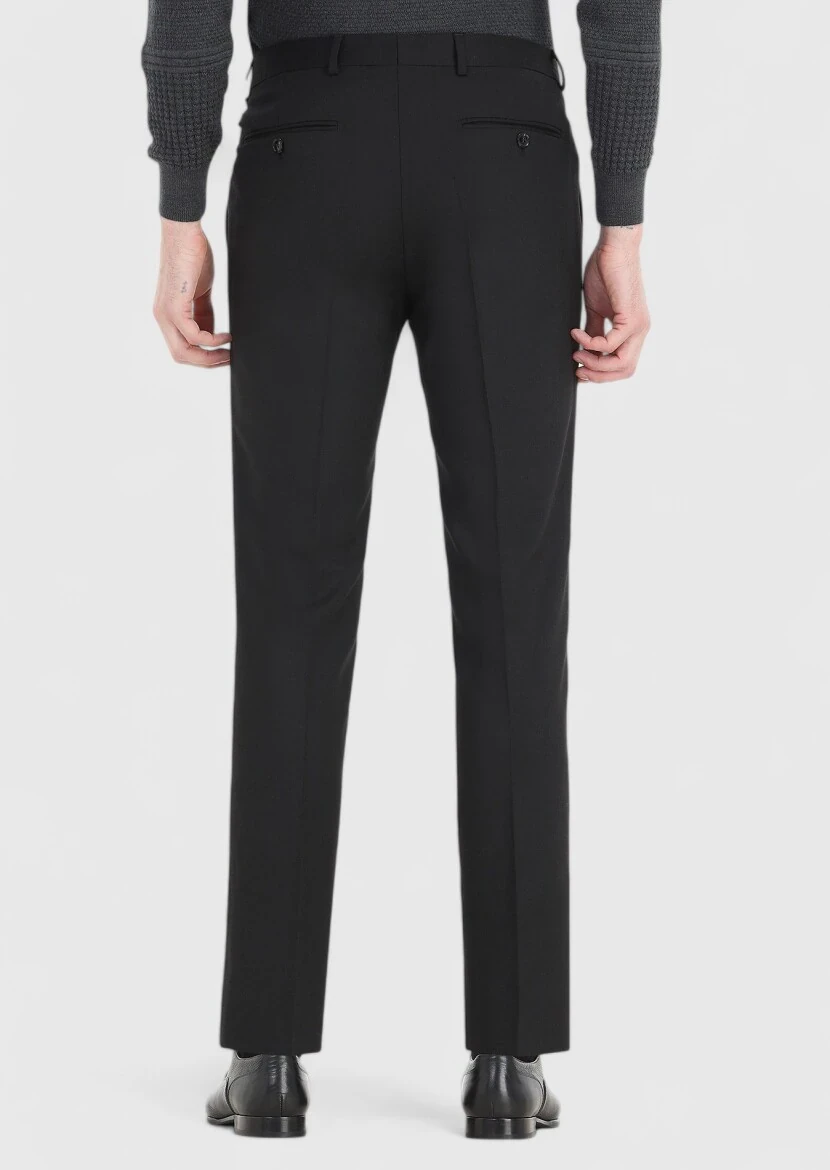 Siyah Düz Kumaş Modern Fit Klasik Yün Karışımlı Pantolon - 4