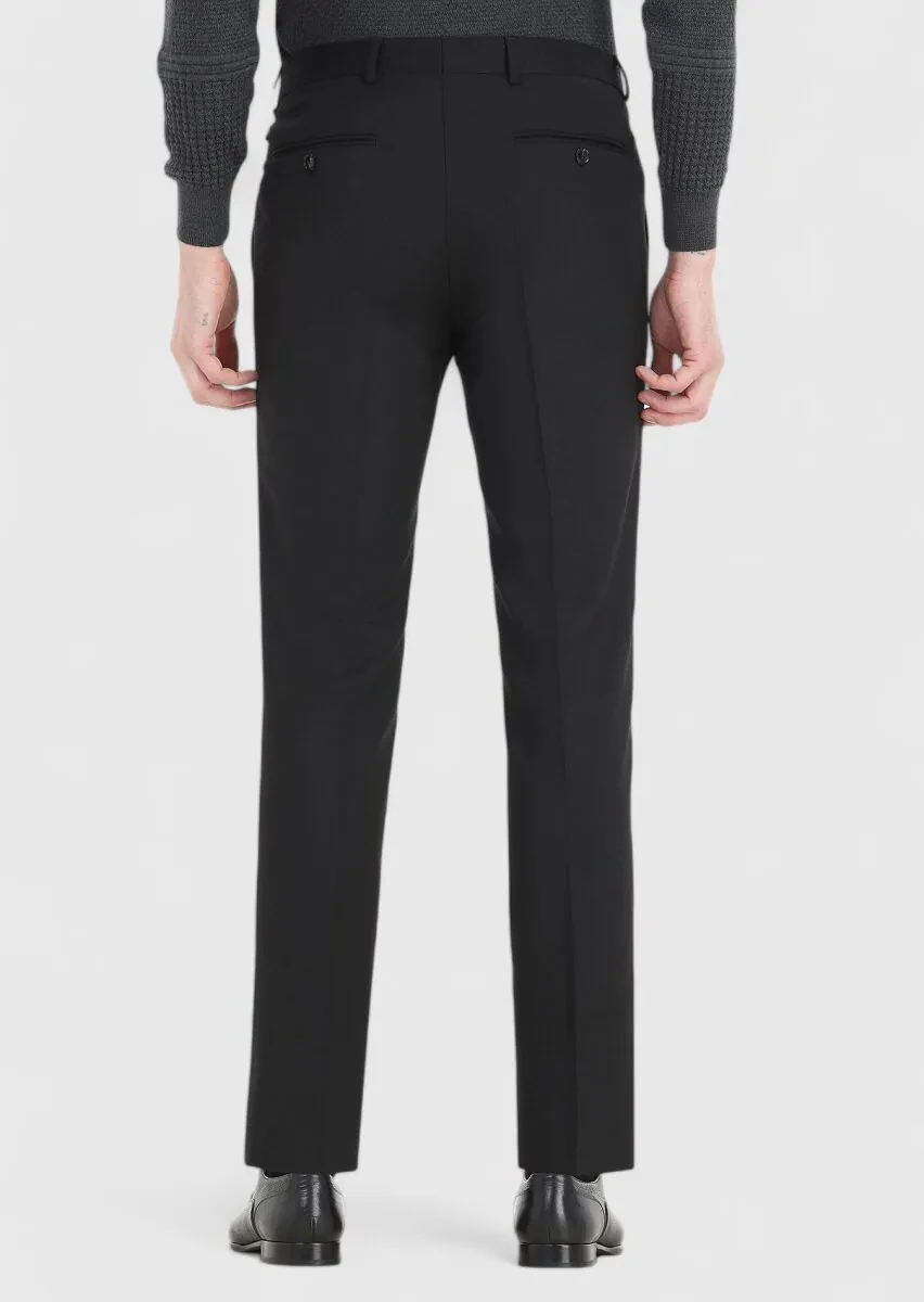 Siyah Düz Kumaş Modern Fit Klasik Yün Karışımlı Pantolon - 4