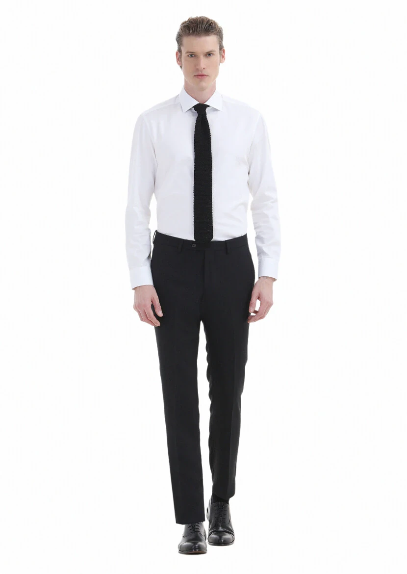 Siyah Düz Kumaş Modern Fit Klasik Yün Karışımlı Pantolon - 1