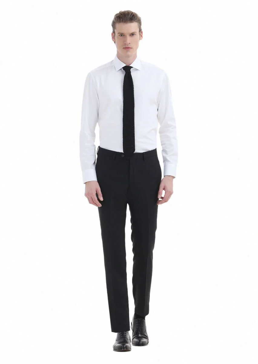 Siyah Düz Kumaş Modern Fit Klasik Yün Karışımlı Pantolon - 1