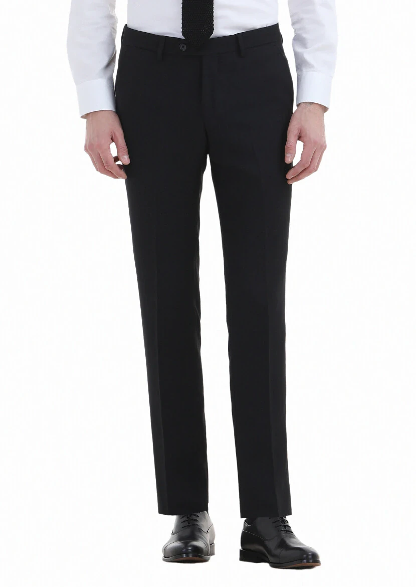 Siyah Düz Kumaş Modern Fit Klasik Yün Karışımlı Pantolon - 2