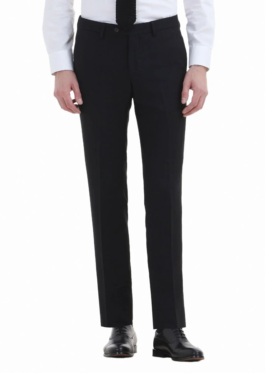 Siyah Düz Kumaş Modern Fit Klasik Yün Karışımlı Pantolon - 2