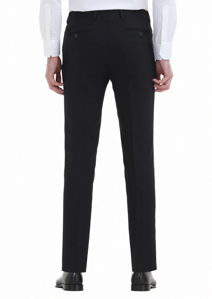 Siyah Düz Kumaş Modern Fit Klasik Yün Karışımlı Pantolon - 4