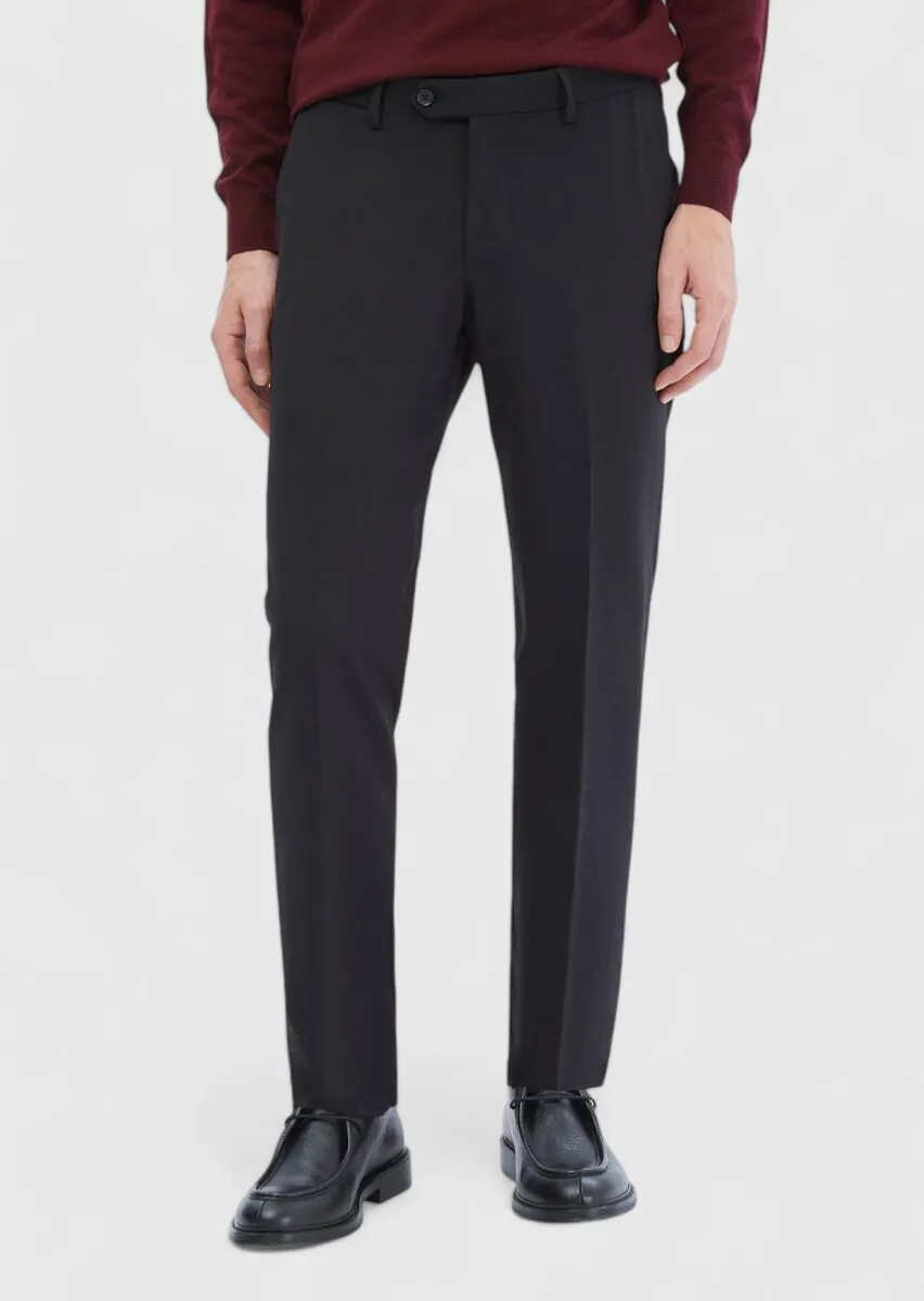 Siyah Düz Kumaş Modern Fit Klasik Yün Karışımlı Pantolon - 2