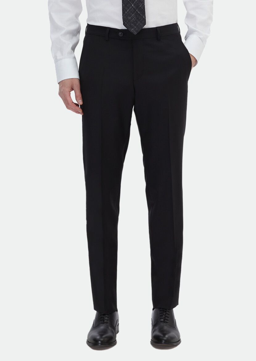 Siyah Düz Kumaş Modern Fit Klasik Yün Karışımlı Pantolon 