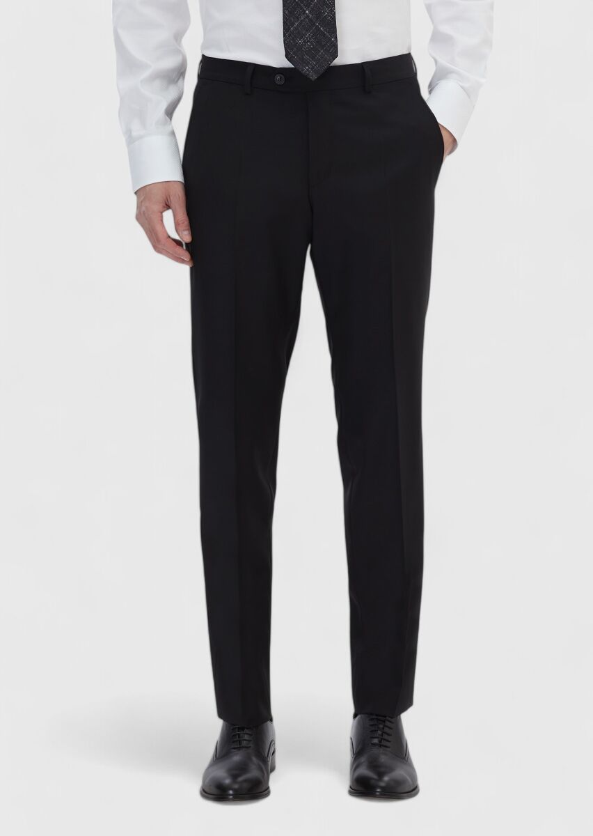 Siyah Düz Kumaş Modern Fit Klasik Yün Karışımlı Pantolon - 2