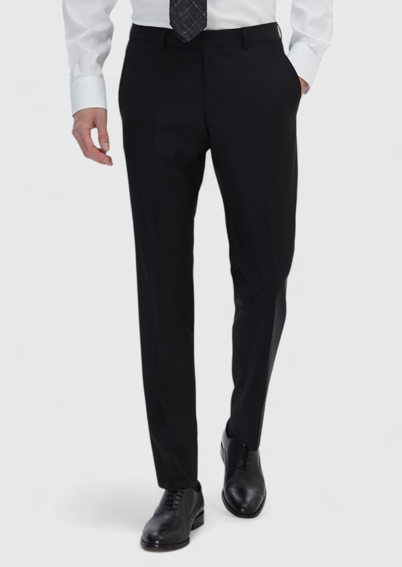 Siyah Düz Kumaş Modern Fit Klasik Yün Karışımlı Pantolon - 3