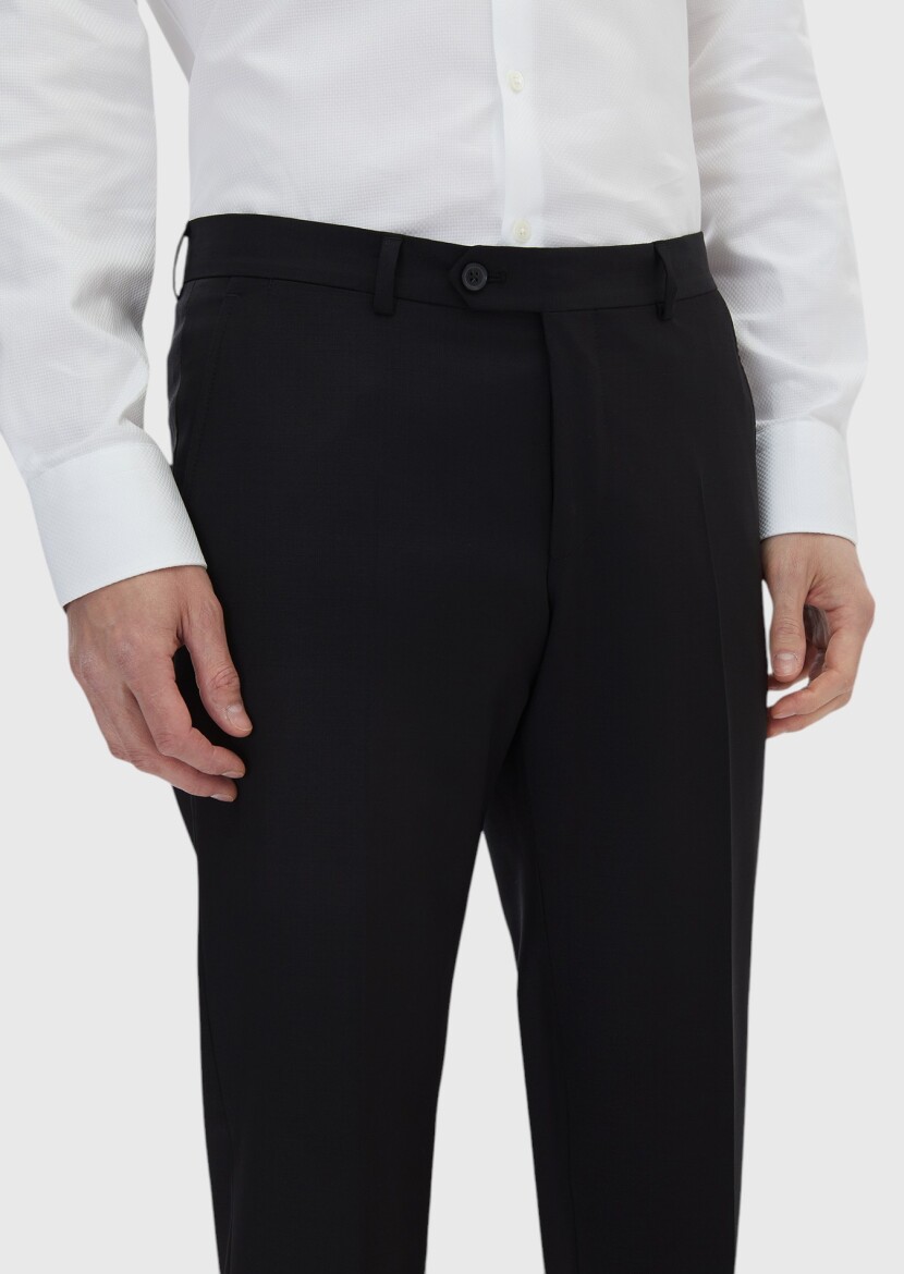Siyah Düz Kumaş Modern Fit Klasik Yün Karışımlı Pantolon - 4