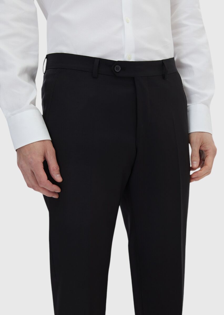 Siyah Düz Kumaş Modern Fit Klasik Yün Karışımlı Pantolon - 4