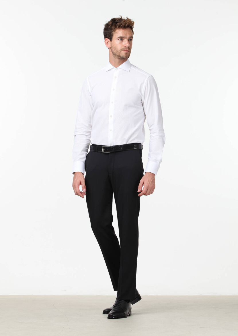 Siyah Düz Kumaş Regular Fit Klasik %100 Yün Pantolon 