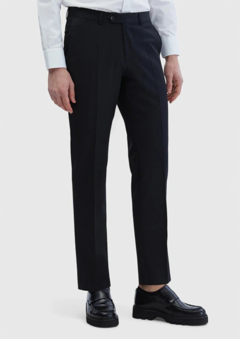 Siyah Düz Kumaş Regular Fit Klasik %100 Yün Pantolon - 2