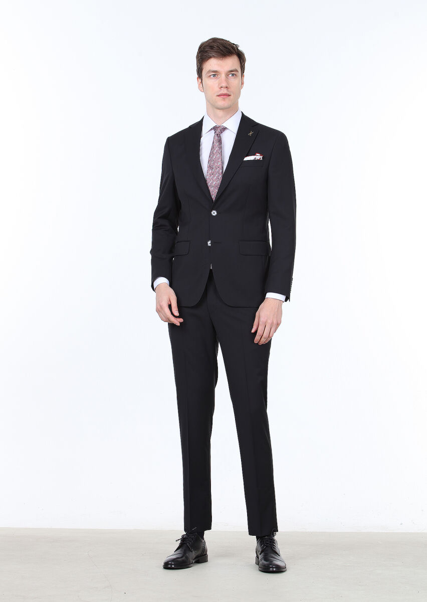 Siyah Düz Modern Fit %100 Yün Takım Elbise - 4