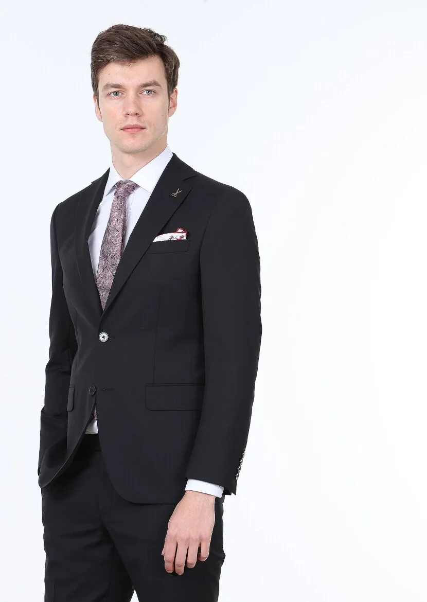 Siyah Düz Modern Fit %100 Yün Takım Elbise - 1