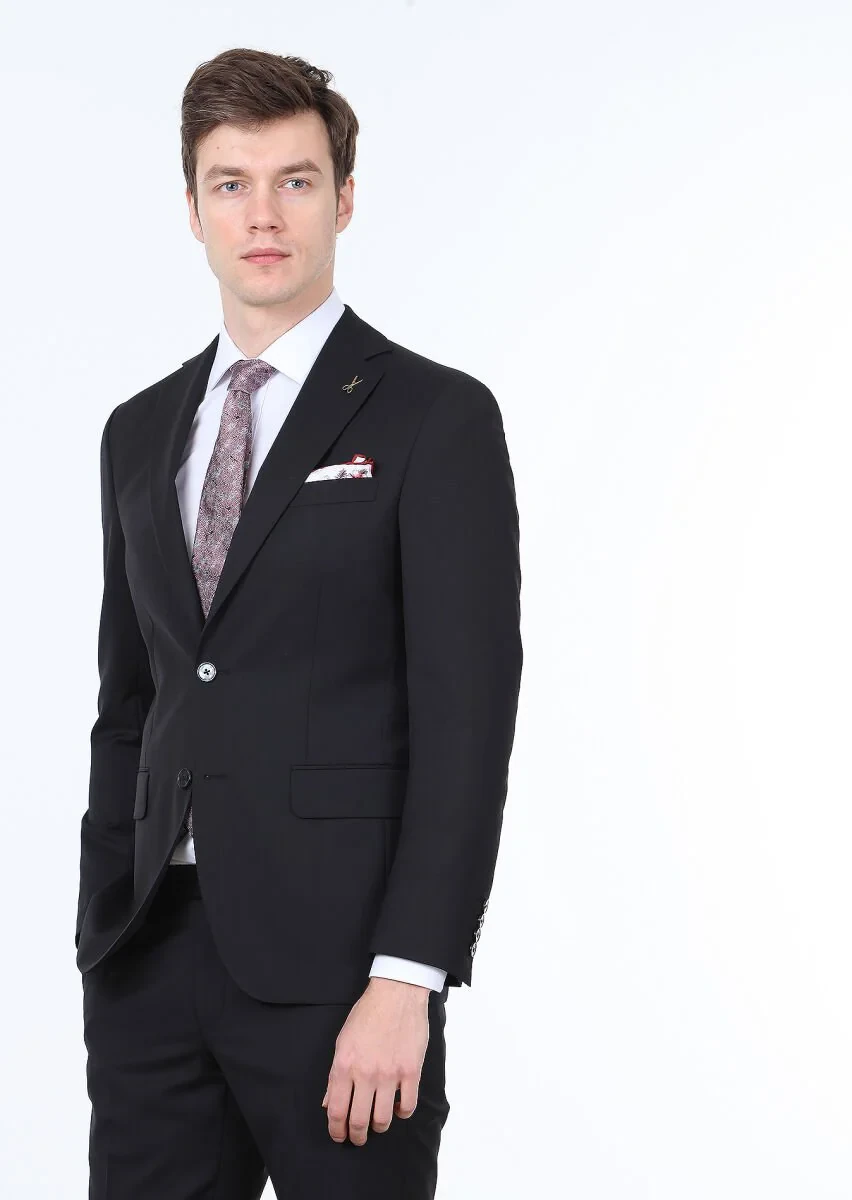 Siyah Düz Modern Fit %100 Yün Takım Elbise - 1