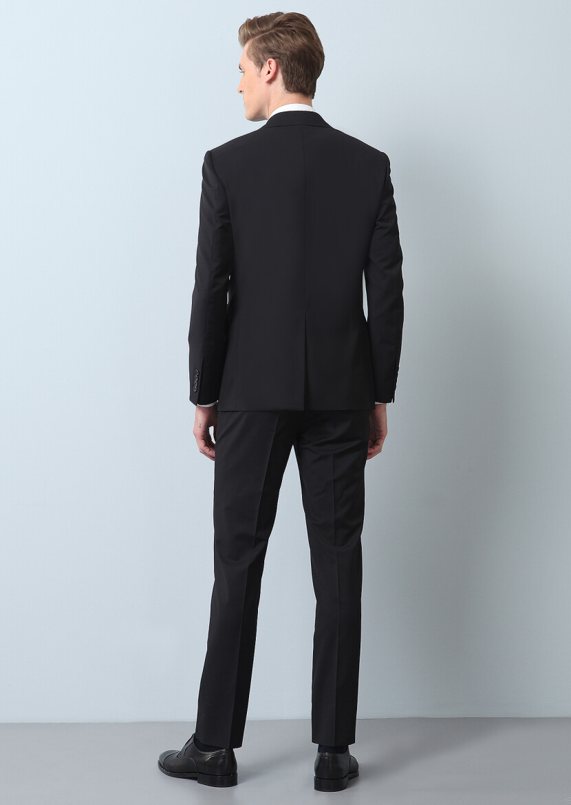 Siyah Düz Modern Fit %100 Yün Takım Elbise - 5