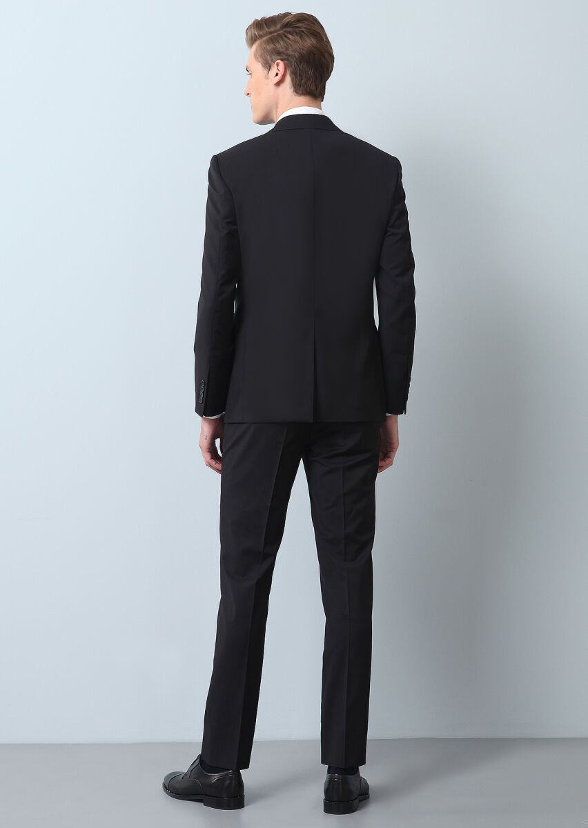 Siyah Düz Modern Fit %100 Yün Takım Elbise - 5