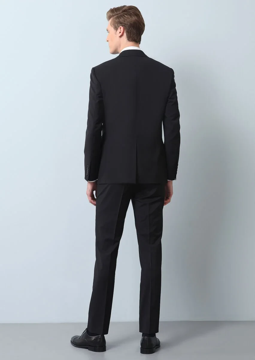 Siyah Düz Modern Fit %100 Yün Takım Elbise - 5