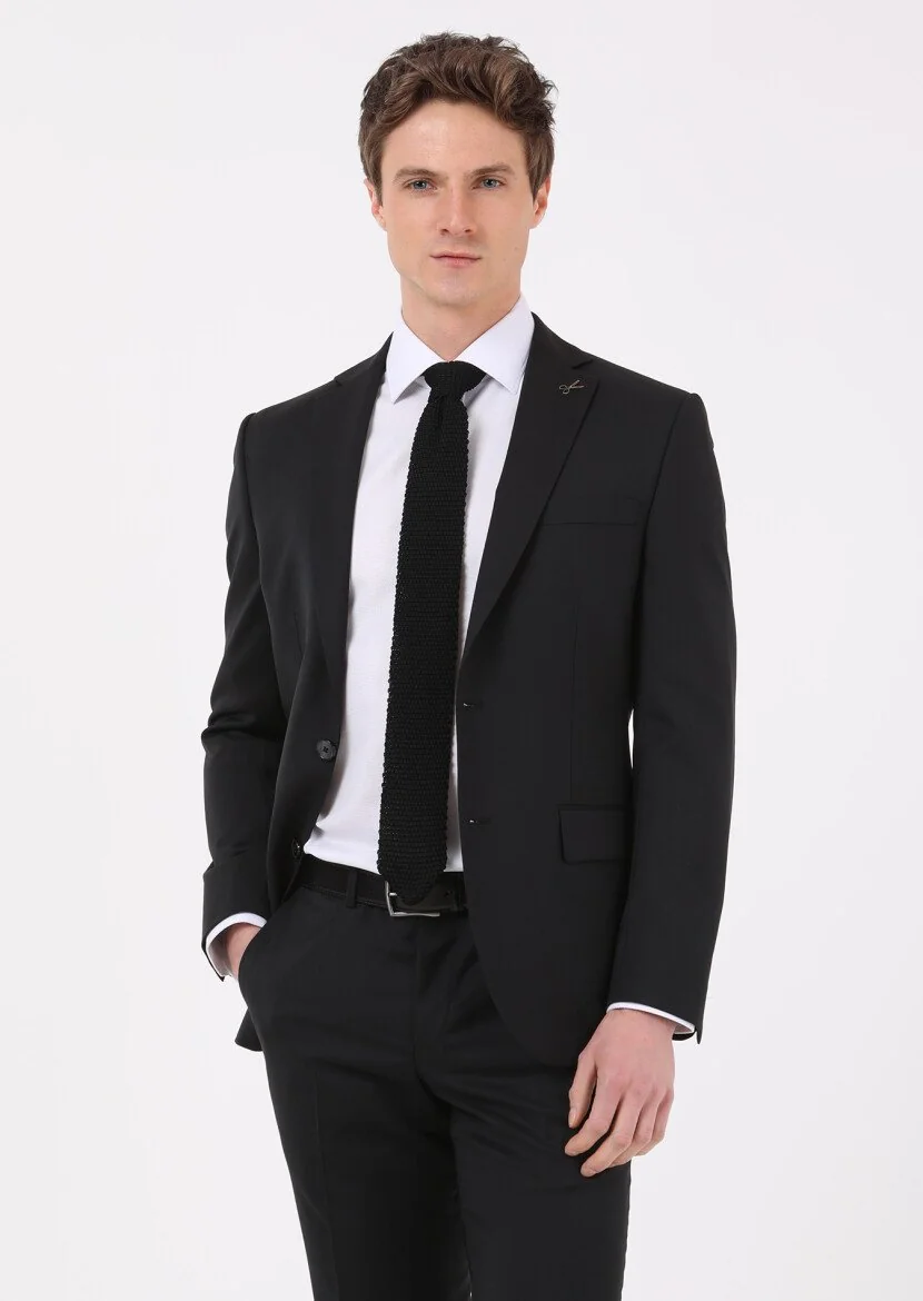Siyah Düz Modern Fit %100 Yün Takım Elbise - 2